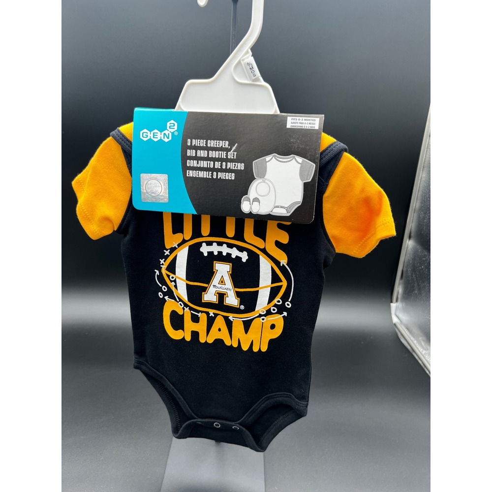 Gen2 Appalachian State Mountaineers‎ Baby Bodysuit Bib Bootie 3pc Set 0-3M Black